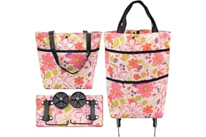 INHEMING Składane torby na kółkach, wózek na zakupy, 2 w 1, składany wózek na zakupy do domu, supermarketu, wytrzymała torba - wzór kwiatowy