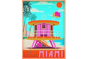 ABLERTRADE Plaque en métal Art Deco Miami Beach Floride Jour ensoleillé Rétro Décoration murale Art en étain 20,3 x 30,5 cm