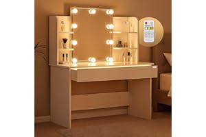 ‎CASARIA Casaria® Schminktisch mit Spiegel LED Beleuchtung Fernbedienung Schublade Beleuchtet Organizer Weiß Frisiertisch Ablagen 110x40cm Kosmetiktisch Holz