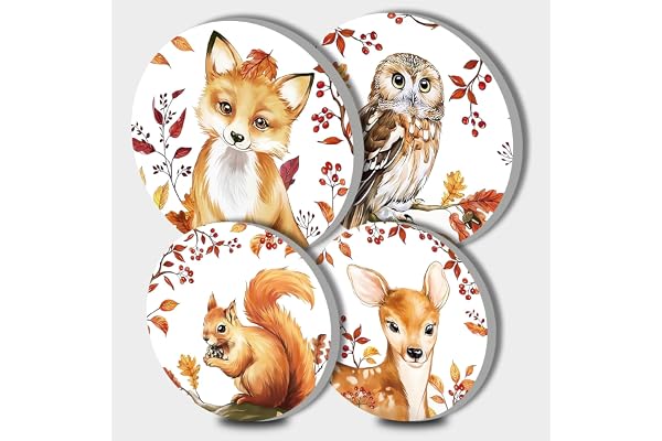 Lot de 4 housses de plaque de cuisson rondes à motif d'animaux mignons, renard, chouette, écureuil, cerf, pour cuisinières, brûleurs supérieurs jaunes, accessoires de cuisine, décoration décorative