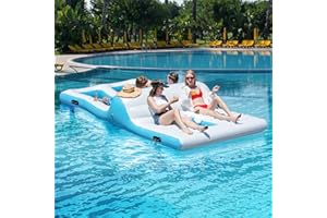 GYMAX Inflatable Floating Island, 4-6 Person Giant Inflatable Float Raft with Ice Chest & 4 Cup Holders, Lounge & Wading Combo Electric Air Pump Included, 366 x 201 x 60cm