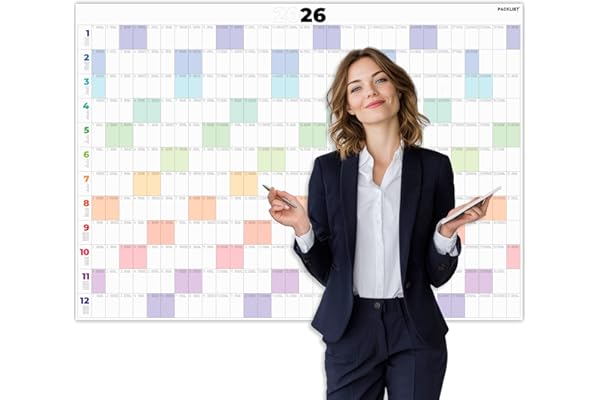 PACKLIST® Calendrier Annuel 2026 Mural Grand Format Planificateur DIN A1 (84 x 60 cm) – Le Planificateur Mural Idéal pour Booste votre Organisation Familiale, vos Études et votre Travail