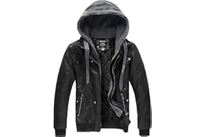 Wantdo Giubbotto in Pelle con Cappuccio Rimovibile Giubbotto Antivento Caldo Autunnale Cappotto Casual Multitasche Vintage da Moto Uomo