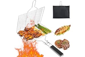 Xingsky Barbacoa de pescado, plegable, pinzas de pescado 430, acero inoxidable, con mango de madera, bolsa Oxford, rejilla portátil para pescado, carne y verduras