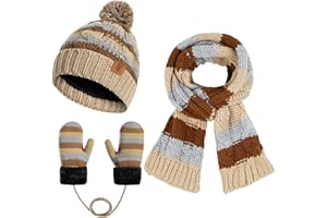 INSISMY Ensemble Bonnet Écharpe Gants pour Enfant 3-8 Ans Hiver Chaud Tricoté Chapeau avec Pompon Moufles Doux Polaire Épaisse Set pour Garçons Filles