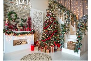 AIIKES 8x6FT Frohe Weihnachten Hintergrund Innentreppen Stechpalme Kamin Hintergrund Kind Erwachsenen Porträt Shooting Hintergrund Weihnachtsfeier Dekoration Hintergrund Studio Requisiten 11-752