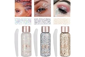 HTRUIYATY KöRper Glitzer Gel Glitter Liquid Face Body Glitter Gel Festival Glitter Mermaid Sequins Chunky Glitter Liquid Gesicht Haar Make-up Long Lasting Sparkling Mit 1 LöFfel Weiß+Silber+Champagner Gold