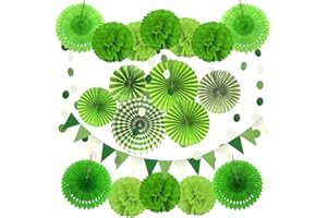 ZERODECO Party Decoration, 21 Pcs Green Hanging Paper Fans, Pom Poms Flowers, Garlands String Polka Dot and Triangle Bunting Flags for Golf Party Dinosaur Birthday Parties Arbor Day