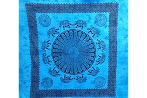 SEAMAR Telo Arredo Copritutto Grande Circular Elephant 210x240 cm 100% Cotone Indiano Stampato (Azzurro)