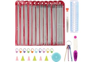 Coopay Juego de agujas de tejer de metal, 2.0-6.5 mm, acero inoxidable, doble puntiagudo con accesorios de punto, 20 cm, agujas de tejer cortas rectas para calcetines y proyectos pequeños