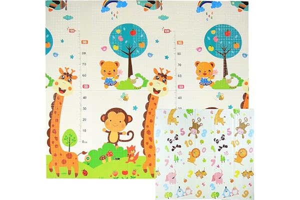 CCLIFE Tapis de Jeux Bebe Pliable Reversible Tapis éveil Bébé 196x176x1cm Impermeable Tapis Enfant Ramper,Color:Chiffres + Girafes