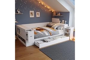 RIAZOS Children's Bed 140 x 200 cm, Double Bed with Shelves and Storage Cabinet, Storage Bed with Drawers, Bed Box with Bedside Tables, for Adults and Teenagers, White, without Mattress