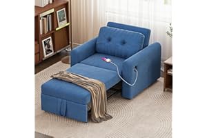 Jooli H Single Sofa Bed, 3-in-1 Convertible Fabric Pull Out Sleeper Sofa Chair with 3-Position Adjustable Backrest, Side Pockets and USB for Living Room, Guest Room, Blue