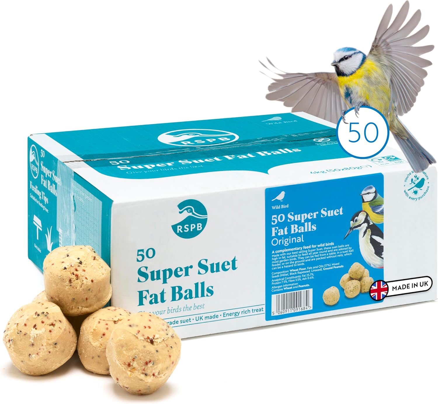 RSPB - Fat Balls, Bird Food for Outside Birds, High Energy Suet Balls, Made in the UK, Delicious and Nutritious, Suitable for Year-Roud Feeding (Box of 50)