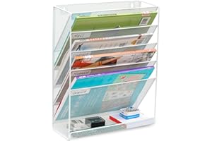 ESYLIFE Wall File Holder Organiser 6 Tier Mesh Wall Mounted Document Paper Magazine Storage Rack in Tray, White