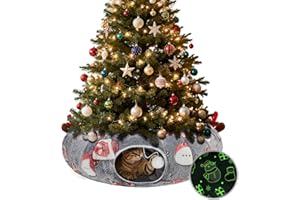 Mfsdai Katzentunnel unter Dem Weihnachtsbaum Faltbarer Katzen-Donut-Tunnel mit zentraler Matte und Baumelnden Bällen Selbstleuchtende, Flauschige Plüsch-Katzenhöhle für Haustiere und Kleintiere