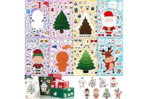 Dawumin 16 hojas de pegatinas de Navidad para niños, juego de manualidades, pegatinas para árbol de Navidad, muñeco de jengibre, muñeco de nieve, reno, (16 unidades)