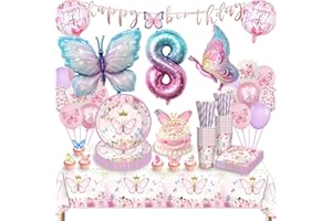 TERLUNNSI Schmetterling Partygeschirr Set - 8 Jahre Geburtstag Deko, Party Geschirr, Luftballons, Pappteller, Tischdecke für Geburtstagsdeko Mädchen Party Dekoration - 16 Gäste