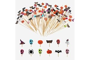 Bekeify 200 PCS Bastoncini da Cocktail di Halloween 12 cm Bastoncini per Cocktail in Legno Frutta Stuzzicadenti di Halloween Cocktail Sticks di Zucca Pipistrello Ragno Cupcake Decorazioni Spiedini