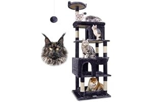 Globlazer Tiragraffi per Gatti Grandi, Castello per Gatto Alto 183 cm con Grotte Piattaforma Cesto Cuccia, Albero Gatti Stabile per Adulti Maine Coon Riposare Giocare Interno (S72, Grigio Scuro)