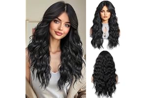 OUFEI Czarna, długa, falowana peruka dla kobiet, z zasłoną, grzywką, naturalnie kręcone, syntetyczne włosy, odporne na wysokie temperatury, peruki na co dzień, na imprezę, do noszenia cosplay