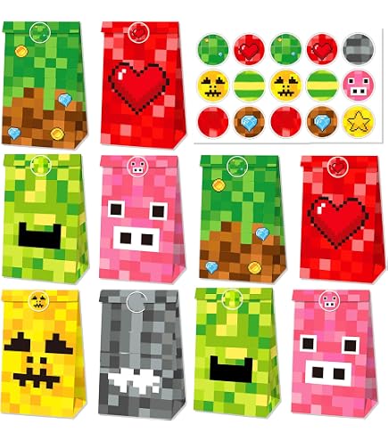 SAVITA 50 Stück Pixel Geschenktüten - 2 Stile, 17x25 Cm, Kunststoff, Für Kindergeburtstag & Partys