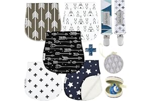Dodo Babies Paquete de 5 paños para eructar para bebé - Paños para eructar de algodón Suave y Absorbente - Incluye Estuche para Chupete y 2 Clips para Chupete - Colores: Azul, Gris y Negro