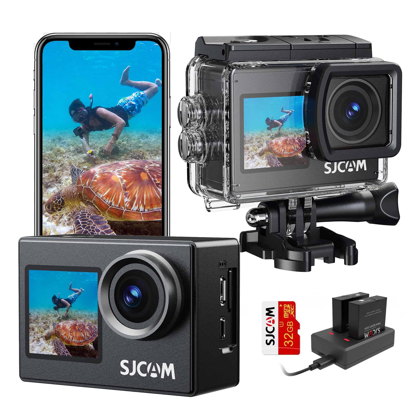 SJCAM SJ4000 4K 16MP WiFi Action Camera Ultra HD Dual Screen 30M Underwater Camera 170° Wide-Angle Waterproof Sports Cam with 2X 900 mAh Batteries, Charger, 32GB SD Card and Accessories Kits