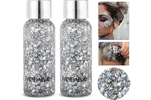 Prreal Body Glitter Gel, Face Glitters Body Gel Shimmer Liquid Eyeshadow, Hair Nails Face Chunky Glitter,Holographic Cosmetic Laser Powder Festival Glitter Makeup#Silver+Silver