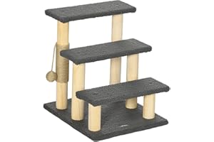 PawHut Cat Stairs, 3-Step Pet Stairs, 48 cm Pet Stairs with Sisal Column, Dog Stairs with Play Ball, Entry Aid for High Beds, Pine Wood, Grey + Natural