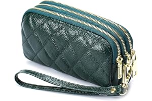 RRvane Genuine Leather Quilted Clutch Bag, Ladies' 3 Zipper Wristlet Wallet, Multifunction Purse with Wrist Strap for Women