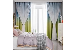 ‎TOSPASS Tospass Vorhang Kinderzimmer Blickdicht Gardinen Mädchen Verdunkelungsvorhang Glänzend Sterne Vorhänge mit Ösen Voile 2er Set Gardienen für Schlafzimmer Wohnzimmer Curtains 132x160 cm Blau Grün