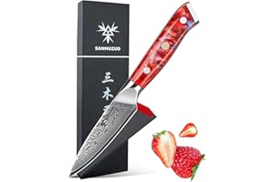 SANMUZUO Coltelli per Frutta e Verdura Damasco - Coltello da Cucina 9 cm, Coltelli per Sbucciare di Acciaio Damasco da 67 Strati- Impugnatura Resina - Xuan Series(Rosso Tramonto)