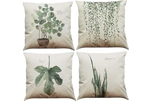 BINXWA 4 Stück Kissenbezug 45x45,Grünes Blatt Thema Deko Kissenbezug Baumwolle Leinen Kissenhülle Sofa Kissenbezug Outdoor Garten deko