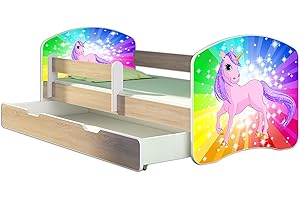 ACMA Letto per Bambino Cameretta per Bambino con Materasso Cassetto II Rovere Sonoma (18 Il pony arcobaleno, 160x80 + Cassetto)