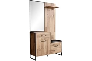 NEWFURN Garderobe Set mit Sitzkissen in Stabeiche Flurgarderoben Set Modern Vintage Industrial - 114x200x44,5 cm (BxHxT) - Kompaktgarderobe Holz Garderobe Komplett Garderobenset Flur Diele - [Marling]