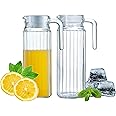 HOMESHOPA Glass Water Jug with Lid, 2 Pack 1.1L Water Pitcher Glass Carafe Jug for Hot/Cold Water Ice Tea Coffee Milk & Juice Beverage, Transparent Glass Fridge Door Water Jug with Spout and Handle