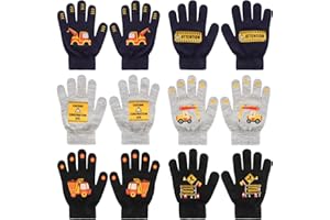 QKURT 6 Pairs Kid’s Magic Gloves, Unisex Stretch Mitten Children's Warm Knit Gloves Winter Thermal Glove Full Fingers Glove Cold Weather Mittens Excavator Slogan Pattern for Boys Girls 4-12 Years