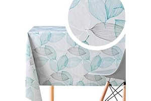 KP HOME Nappe Toile Cirée Feuilles Naturel - Nappe PVC Feuille Grise et Bleu Sarcelle Toile Cirée Rectangulaire 140x200 Facile à Nettoyer Nappe Plastique Étanche Nappe Rectangulaire Toile Ciree