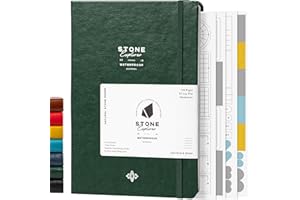 Stone Journal Explorer - Cuaderno de papel impermeable A5, tapa dura de cuero vegano verde, 144 páginas con rayas alternas y cuadrícula de puntos, bolsillo trasero, resistente a la intemperie