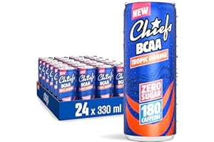 CHIEFS Boisson énergisante goût Orange Tropicale, 180 mg de caféine, 24x330ml boissons énergétiques, Sans Sucre et avec BCAA (Tropic Orange)