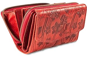 MATADOR Portefeuille Femme Cuir Véritable Grand Format | Porte Feuille Femme avec Grande Porte Monnaie Zippé et Boîte Cadeau | Porte Chequier Femme avec Protection RFID certifiée TÜV | Fleurs Rouge