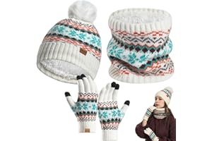 Copbopwn 3 Stück Mütze-Schal-Handschuhe-Set, Thermische Strickmütze, Schal, Handschuhe Winter Bommelmütze Fleece-Futter Schal Handschuhe Weiche dicke stricken warme Mütze Handschuhe Hals Wärmersets
