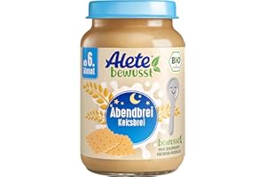 ‎ALETE Alete bewusst BIO-Abendbrei Keksbrei, ab dem 6. Monat, Babybrei mit Magermilch & Keksmehl zum Löffeln, Bio Babynahrung aus dem Glas, 6 x 190 g