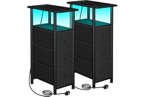LOAKEKEL Slim Bedside Table Set of 2 with Charging Station, Narrow Side Table with LED Lights, Small Sofa Table with 3 Fabric Drawers, Nightstand for Small Spaces, Living Room, Black UHETNDP03LBK