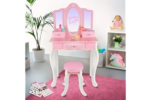 GREEN SERIES Kinderplay Green Schminktisch für Kinder 60 x 39 x 105,5 cm – Sicherer Plexiglas-Spiegel & Stabiler Hocker – Für Rollenspiele im Kinderzimmer – Rosa Frisiertisch mit Zubehör