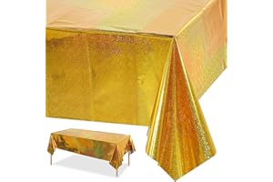 GRESATEK Gold Party Tablecloth,Gold Laser Table Cover Plastic Holographic Foil Table Cloth for Outdoor Picnic Birthday Baby Shower Wedding Party Decorations 137 x 274cm
