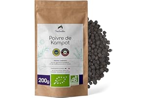 Chabiothé - Poivre noir de Kampot BIO 200g - grains entiers IGP - Origine Cambodge et conditionné en France - sachet refermable