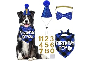 STMK Multi Size Dog Birthday Hat & Bandana - Boy Bow Tie Birthday Numbers for Medium Large Dogs (Large, Blue)