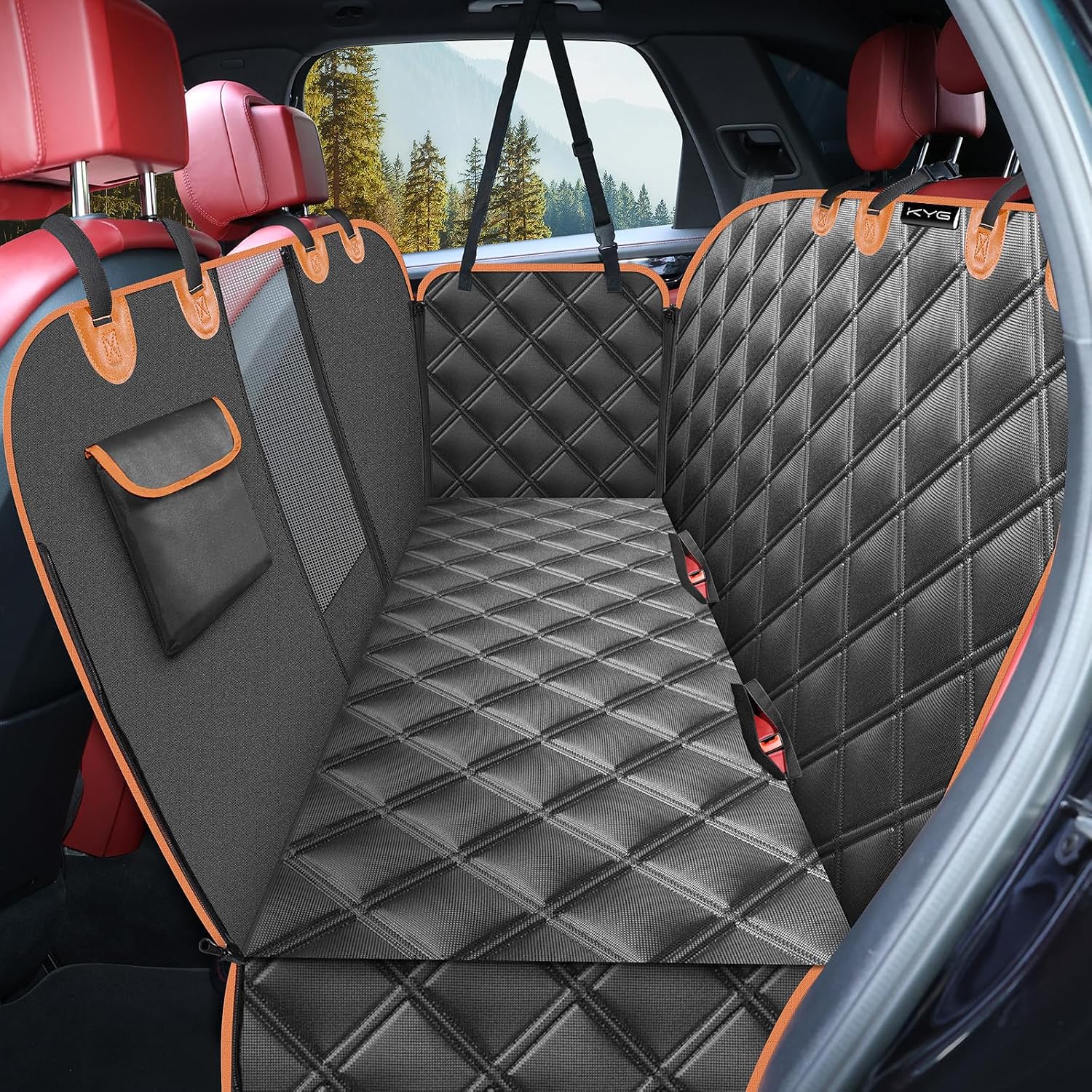 KYG Dog Hammock for Car Back Seats with Side Protection and Mesh Visual Window, Durable Scratch Proof and Waterproof Pet Seat Cover for Cars/Trucks/SUV, 135 x 148 cm, Black&Orange